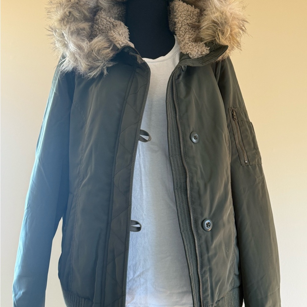 Woman’s Olive Green Jacket with Faux Fur Hood